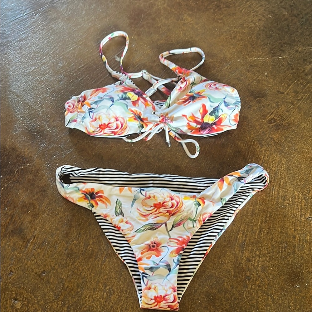Floral and Striped Bikini Set